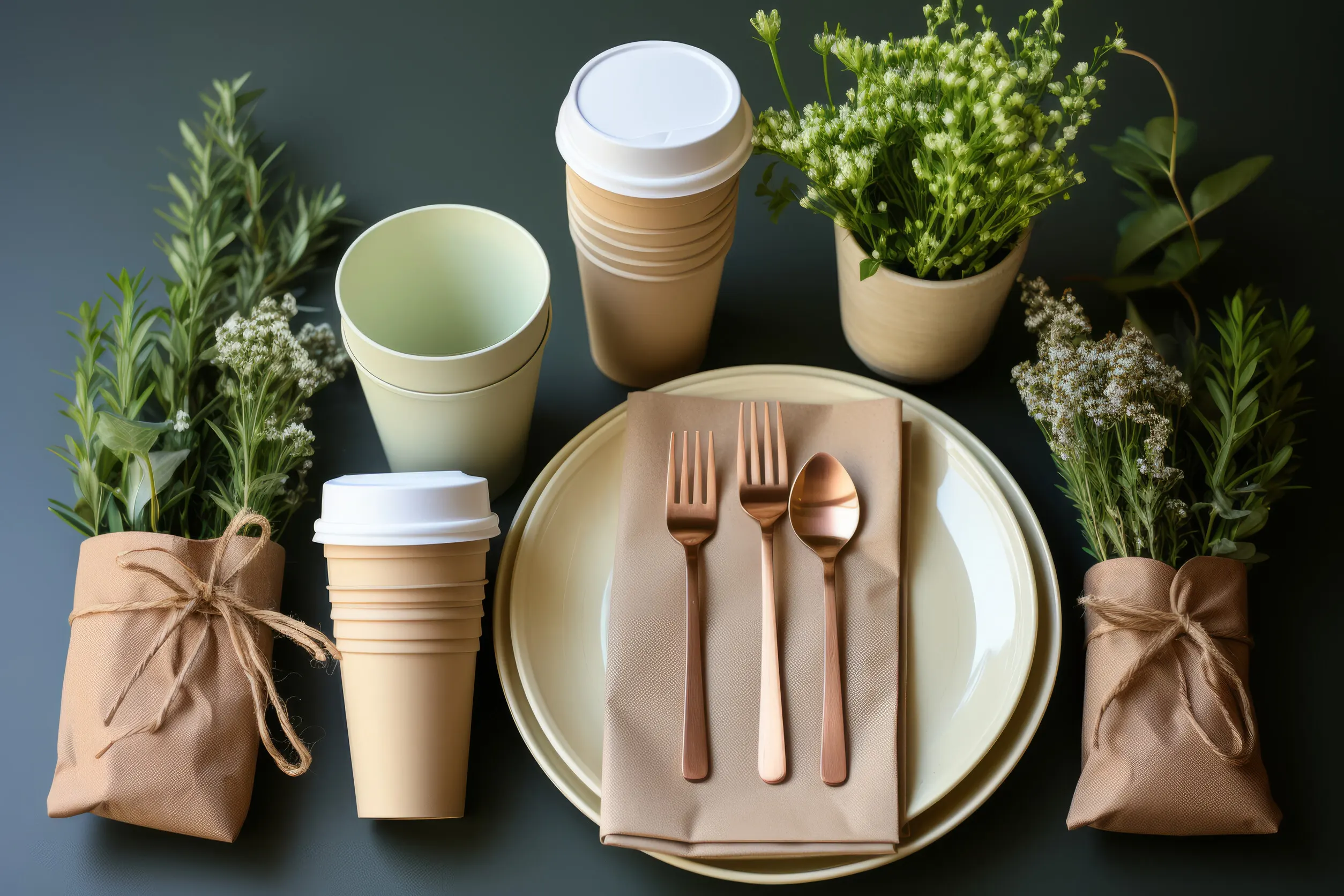 Assorted biodegradable takeout containers and compostable food packaging